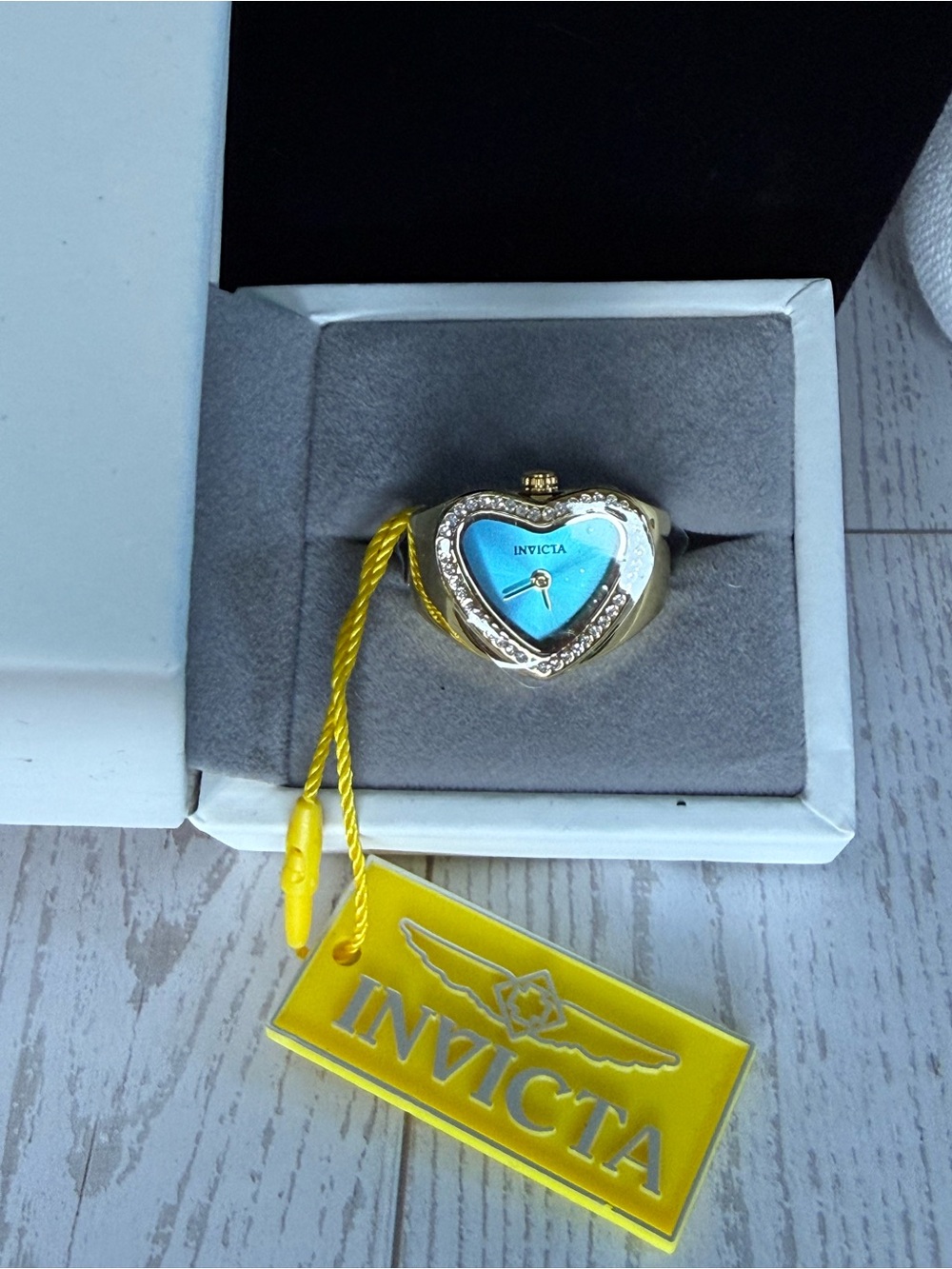 Invicta Gold Heart Ring Watch with Turquoise Dial and Crystal Accents